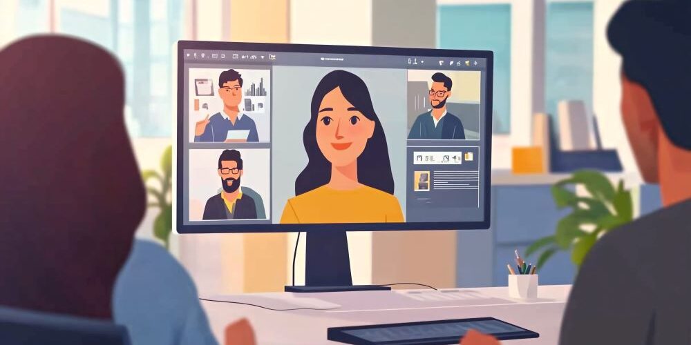 Engaging virtual meeting with diverse participants discussing creative ideas in a bright office space during daylight hours